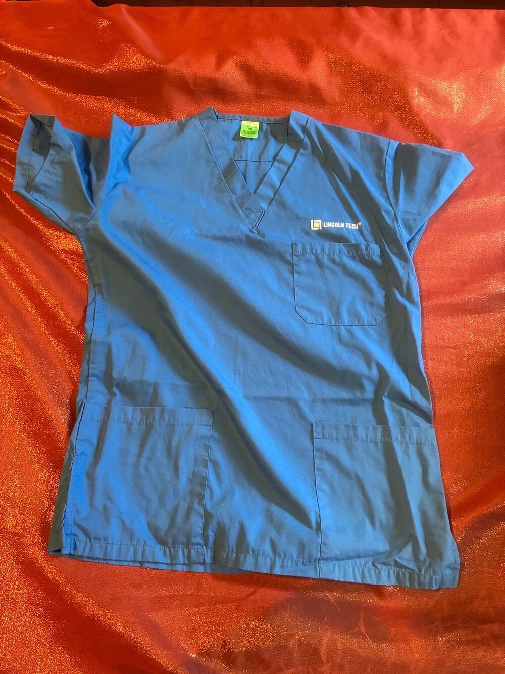 Fashion Seal Healthcare Scrub Top Unisex XS Blue V-Neck Lincoln Tech Logo Pocket